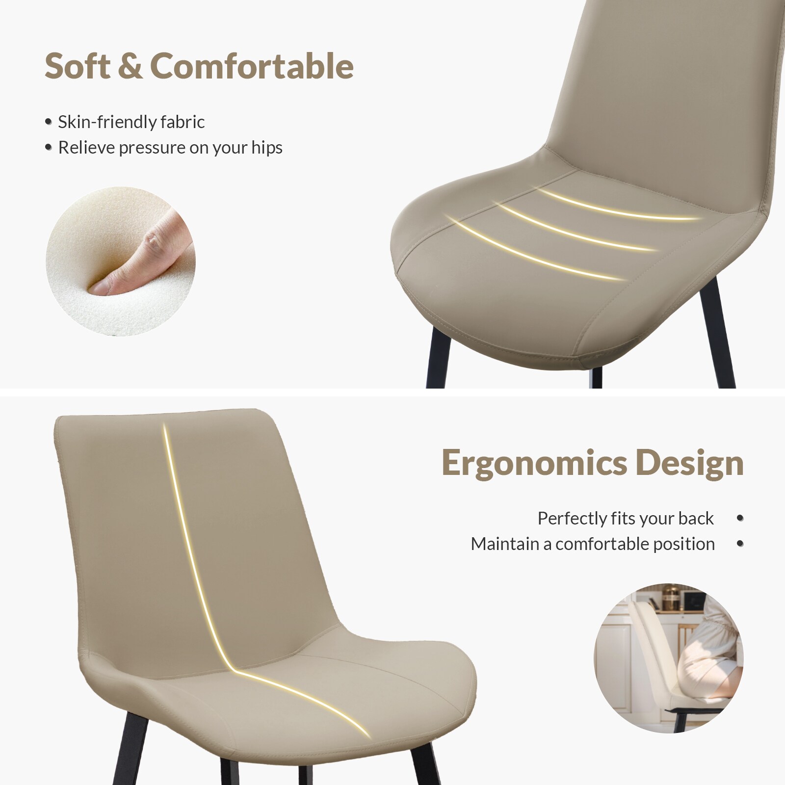 Tan PU Leather Dining Chair with Metal Legs, Modern Upholstered Chair Set of 2 for Kitchen, Restaurant, Living, Meeting Room
